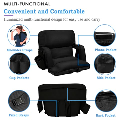 Stadium Seats with Back Support 2 Pack, 4.3" Thick Extra Wide Comfy Cushion 6 Adjustable Angle Bleacher Seat with Armrest, "Sofa Style" Design, Ultra-Strong Steel Frame, Multiple Pockets (Black, 25") — view 5