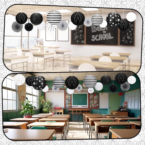 Image of Retisee 18 Pcs Black and White Party Classroom Decoration Hanging Black White Paper Lanterns Paper Fans Honeycomb Balls Polka Dots Stripe Lanterns Decorative for School Classroom Decoration Supplies