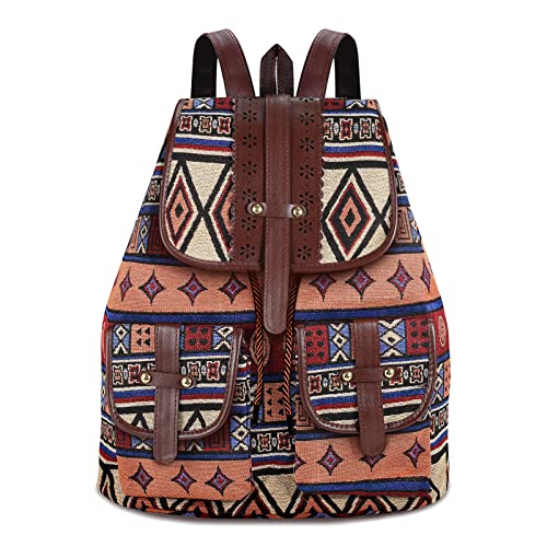 Mochilas Mujer de Cuero PU Mochila Casual de Moda Mochila étnica Impresión Multifunción Gran Capacidad Portátil de Negocios para Viajes Escolares de Trabajo, Excursiones para Acampar Daypacks