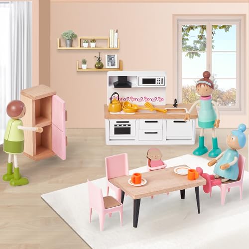 image for Giant bean 36pcs Wooden Dollhouse Furniture Set with Dolls for 5 Rooms