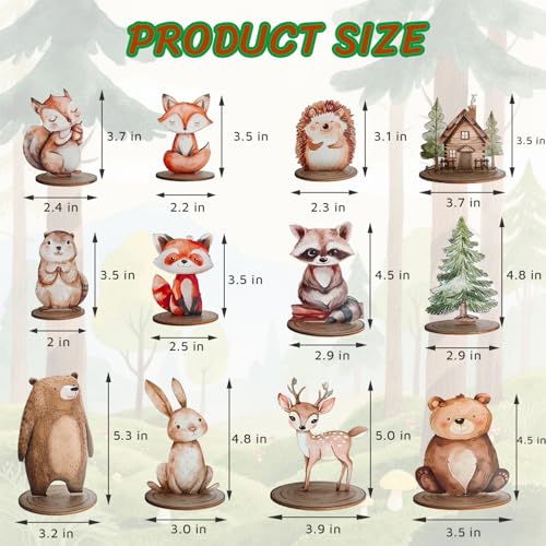 Image of 12Pcs Woodland Animal Figurines and Wooden Table Signs Enchanted Forest Decor Rustic Tiered Tray Centerpieces for Baby Shower Birthday Camp Party Supplies Cake and Tabletop Decoration (Forest Animal)