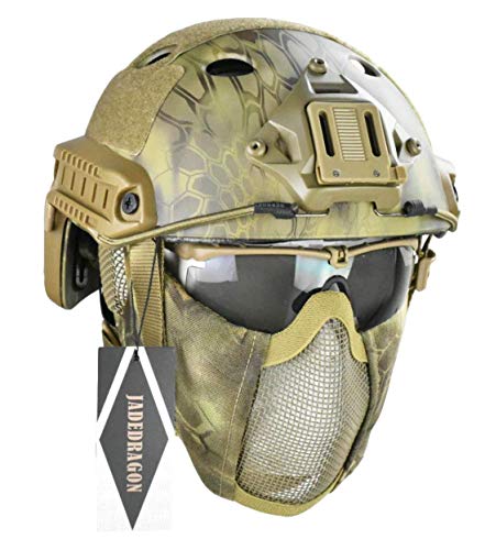 Jadedragon PJ Tactical Fast Helmet & Protect Ear Foldable Double Straps Half Face Mesh Mask & Goggle (MA)