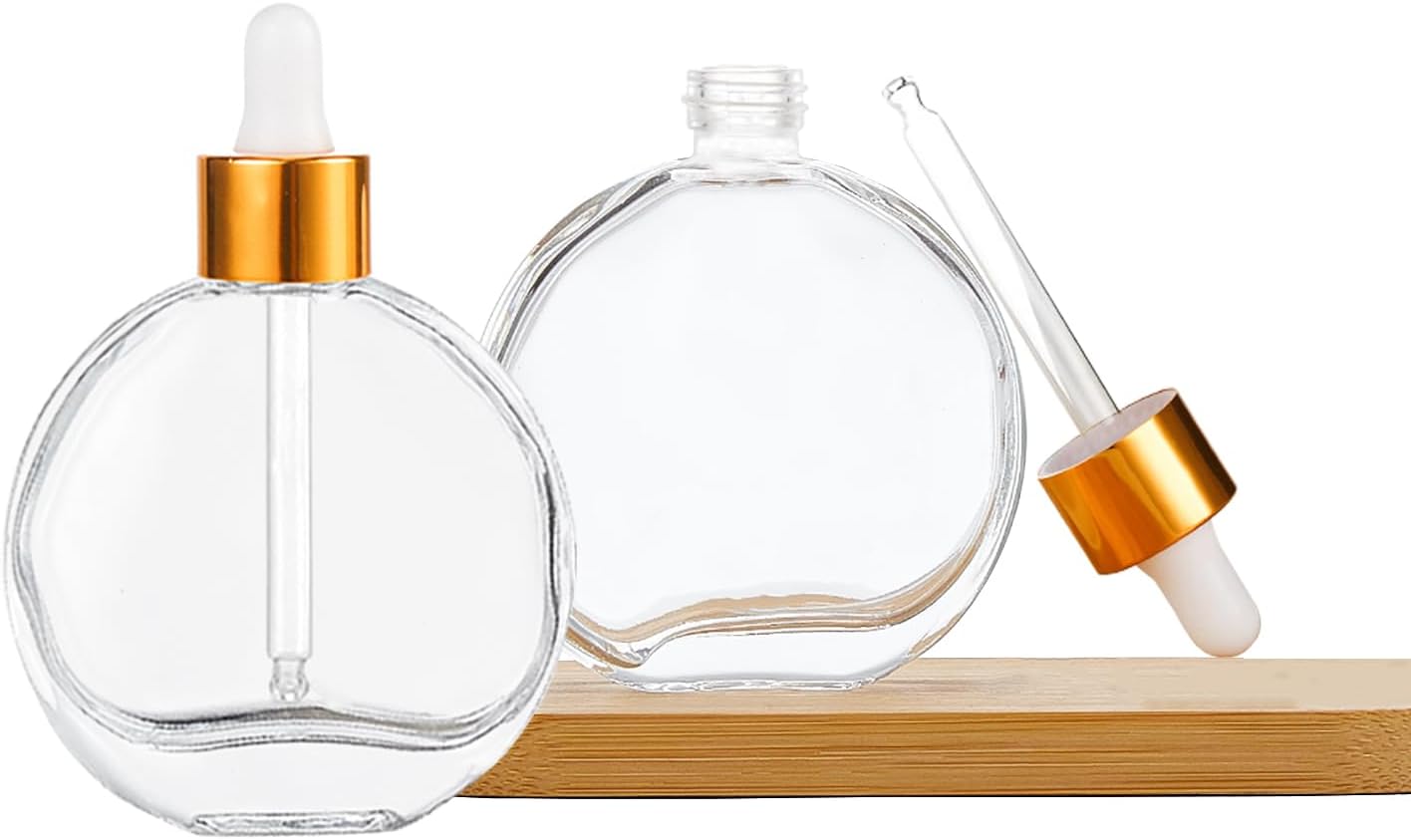 Clear Dropper Bottles 2 OZ 6 Pcs Transparent Round Flat Glass Bottles with Eye Dropper, for Perfume Serums Hair Oils and other liquids (Clear-Gold Lids, 2 OZ)