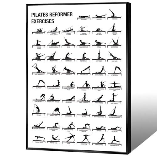 Pilates Reformer Exercises Poster, Visual Guide for Studio Home Workout, Educational Chart with Clear Silhouette Illustrations for Beginners and Enthusiasts(24x36inchs，Black Framed)