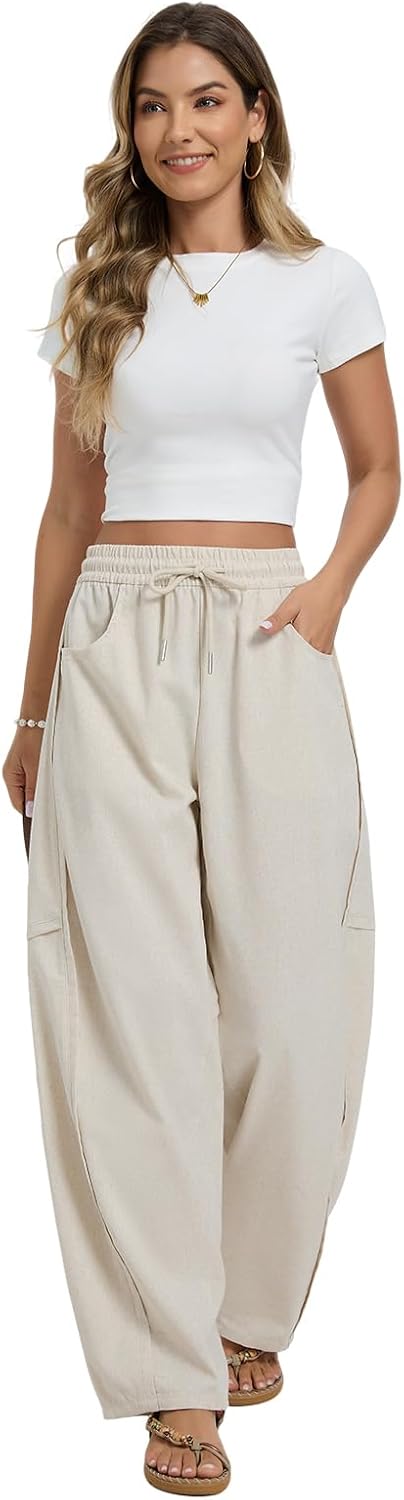 Women's Barrel Linen Pants Elastic Drawstring Palazzo Pants Casual Lounge Beach Travel Vacation Wide Leg Trousers