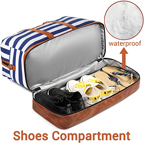 Image of Weekender Bag for Women, Large Overnight Bag Canvas Travel Duffel Bag Carry On Tote with Shoe Compartment 21 inch 3Pcs Set, A14-brown+blue & white stripes, Large