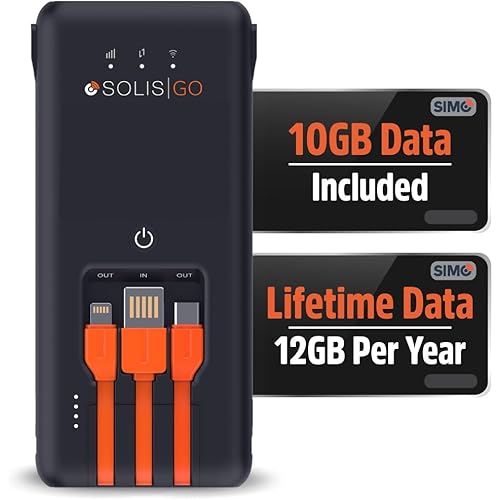 SIMO Solis Go 4G Mobile Hotspot WiFi Power Bank with Built-in Cables for Travel in 140+ Countries, No SIM Card or Contract, Multi-Carrier Network, 20 Devices, 1GB/Month Lifetime + 10GB Global Data