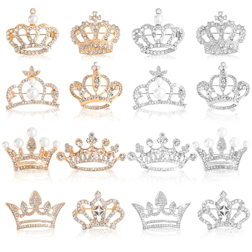 Image of Okllen 16 Pcs Small Crown Pins for Women Men, Gold Silver Rhinestone Crown Brooches with 8 Styles for Lapel, Sashes, Wedding