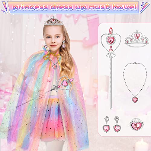Hajus Princess Dress Up Clothes Cape Skirt Set For Little Girls Pretend Play With Jewelry Tiara Crown Wand Princess Toys (Unicorn Rainbow), One Size #TOP1