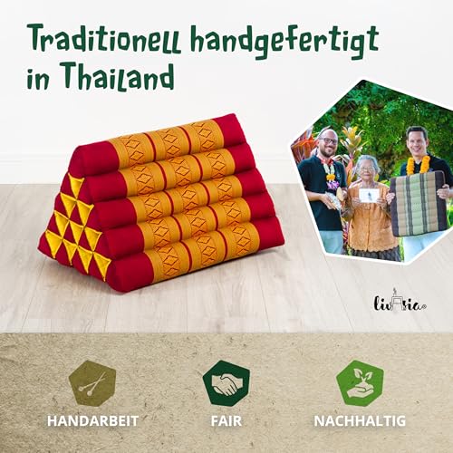 Foto von livasia Rückenstützkissen extrahoch - 38x55x35cm - Dreieckskissen für Garten und Balkon, Keilkissen mit Kapok, Lagerungskissen für Beine, handgefertigt, Meditationskissen (Rot/Gelb)