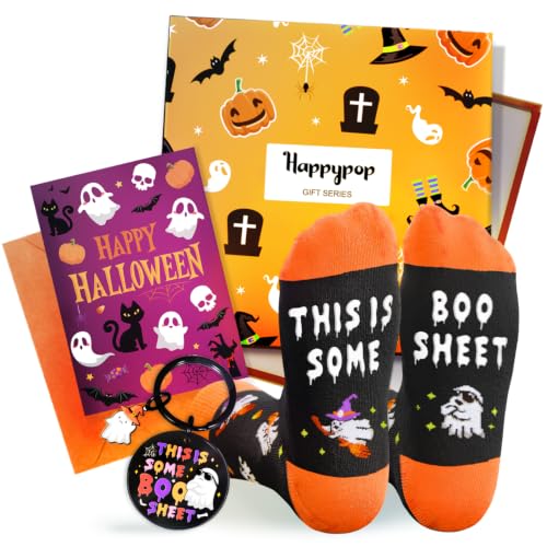 HAPPYPOP Boo Basket Stuffers - Halloween Gifts for Women Men Adults Spooky Socks Ghost Keychain Cards for Friends Teens