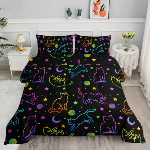 Axolotl Neon Cat Bedding Comforter Set King,Cartoon Gradient Line Cat Bedding,Colorful Neon Cats Animal Bed Set,Moon Stars Printed Kids Bedding for Boys Girls Adults,1 Quilt 2 Pillow Cases,Black