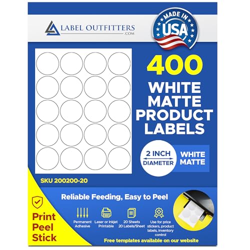 400 Label Outfitters Blank Printable White Matte Round 2 Inch Diameter Inkjet Laser Circular Product Labels 20 Sheets