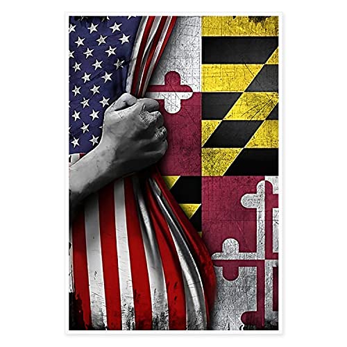 Canvas Prints Wall Art For Home And Office Wall Decoration Maryland State Flag And American Flag Canvas Artwork Print Painting Picture Patriotic Modern Abstract Unframe Wall Art For Living Room Bedroom Kitchen 12X18Inch #TOP5