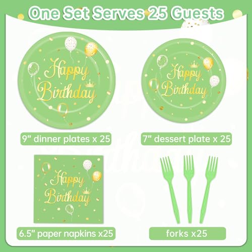Image of Qyeahkj 100 Pcs Sage Green Birthday Party Supplies Olive Green Gold Paper Plates Napkins Forks Tableware Set Disposable Greenery Happy Birthday Party Decorations for Women Men Girls Favors Serve 25
