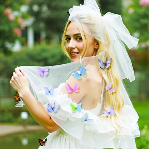 Apausvcm Lot de 60 papillons décoratifs en organza - En mousseline transparente - Papillon 3D - Pour scrapbooking, bagages, mur, fenêtre, pince à cheveux, décoration DIY – vue 3