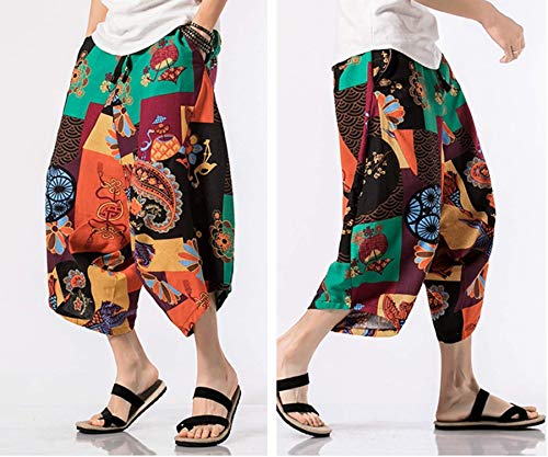 Cicilin Calça capri masculina unissex de algodão largo, virilha baixa, harém hippie sarouel, 3682, M
