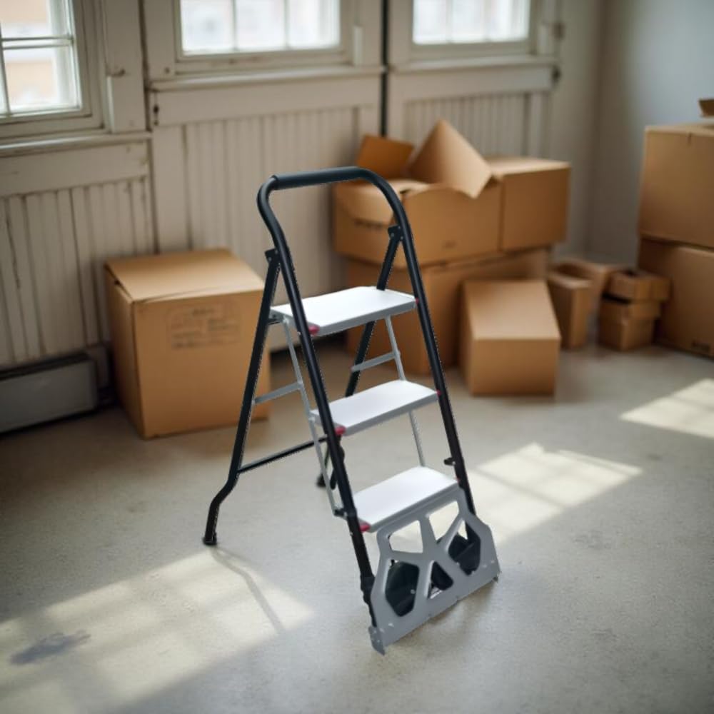 Scala-Carrello 2 in 1 - Pieghevole, 3 Gradini, Telaio di Acciaio, Ruote Pneumatiche, Portatutto, Design Anti-Scivolo, Resistente - Portata Massima 70kg