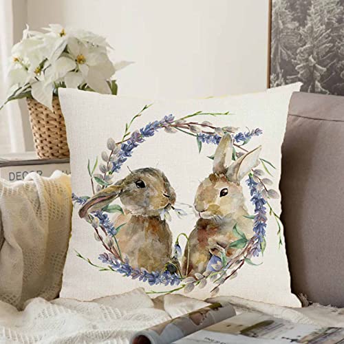 Spring Rabbit Pillow Covers 18X18 Set Of 4 Bunny Decorative Throw Pillow Covers Farmhouse Floral Linen Pillow Easter Decoration For Sofa Couch Home Decor #TOP1
