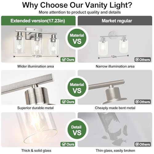 Image of MOKATNG 3-Light Bathroom Light Fixtures, Vanity Light with Clear Glass Shades, Brushed Nickel Bathroom Light Fixtures Over Mirror, Modern Bathroom Wall Lamp for Mirror Living Room Cabinet Bedroom