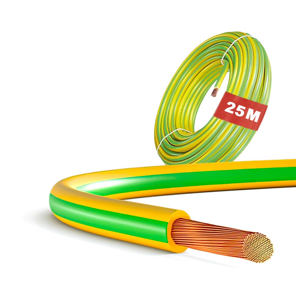 Câble de terre 6mm² - H07V-K Vert/Jaune - Longueur 25m - Souple & Robuste - Spécial Photovoltaïque, Mise à la Terre & Usage Intensif - Résistant Eau, Flammes & Produits Chimiques
