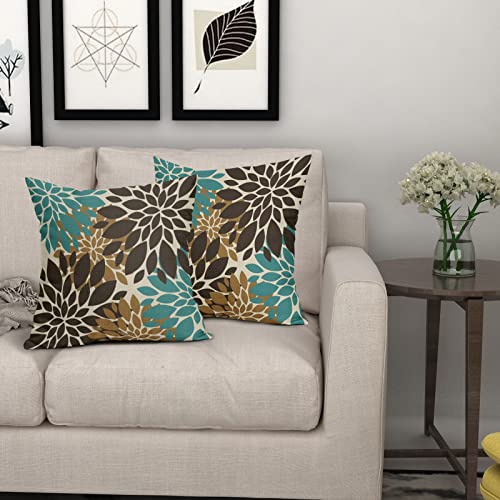 Brown Teal Pillow Covers 18X18 Inch Set Of 2 Coffee Colored Dahlia Floral Throw Pillows Outdoor Modern Art Flower Decorative Pillowcase Farmhouse Square Linen Cushion Case Decor For Sofa Couch Bed #TOP6