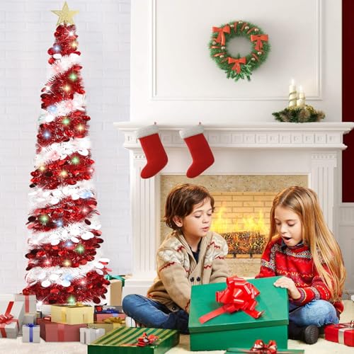Hmasyo 6 Ft Pop Up Tinsel Christmas Tree With 100 Multicolor Timer Lights & Remote, Red White Collapsible Artificial Pencil Tree Xmas Decoration For Home, Office, Party, Usb Powered, Easy Assembly thumb #6
