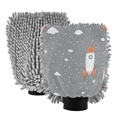 Space Rockets Gray Wash Mitt Microfiber 2 Pack Gloves for Cars Washing Scratch-Free Clean Safe Mitt for Wash Drying