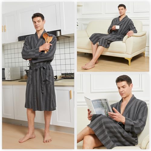 Image of FashGudim Mens Buffalo Plaid Cotton Robe Lightweight Bathrobe Shawl Collar Kimono Sleepwear Loungewear House Robes