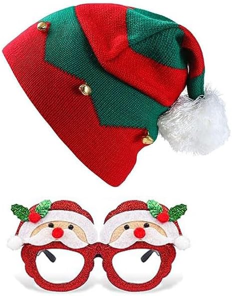 MIMOMA Sombrero de punto de elfo navideño para niños, gorro de Papá Noel de Navidad, gorro de punto cálido para niños, adultos, campanas, elfos,