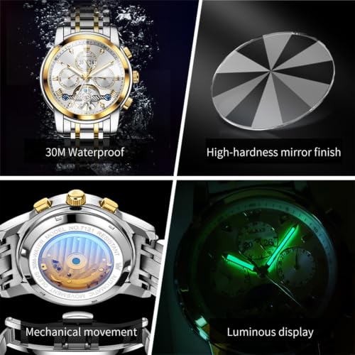 Image of OLEVS Men's Automatic Watch Batteryless Waterproof Mechanical Self Winding Stainless Steel Dress Luxuxry Wrist Watch with Tourbillon, Day-Day-Year & Chronograph Gift for Him Relojes de Hombres