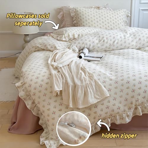 Image of BuLuTu 100% Cotton Muslin Duvet Cover Twin for Kids Girls Boys, Shabby Chic Azalea Floral Duvet Covers Vintage Farmhouse Comforter /Quilt Cover with Ruffles, 68 inchx86 inch, Zipper Closure, No Pillow