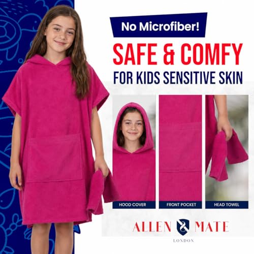 Image of ALLEN & MATE 100% Cotton Kids Hooded Surf Poncho Changing Robe, Quick Absorbent Wearable Swim Towel Boys & Girls, 6-13 Years