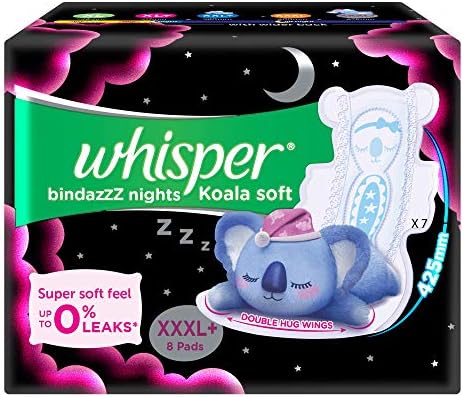WHISPER BINDAZZZ NIGHTS KOALA SOFT SANITARY PADS, 8 XXXL+ PADS, UPTO 0% LEAKS, 85% LONGER & WIDER BACK, SUPER SOFT TOPSHEET, DOUBLE HUG WINGS, DISPOSABLE WRAPPER, for women