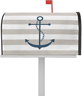 Mailbox Cover Magnetic Coastal Blue Anchor Art Mailbox Covers Standard Size 21x18in,Mailbox Covers Wrap Post Letter Box Cover for Garden Yard Outdoor Decor Vintage Gray Stripe
