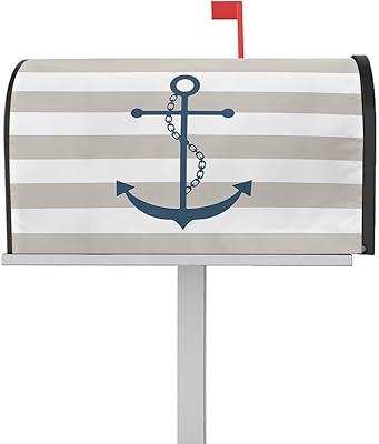 Magnetic Mailbox Cover Nautical Anchor Beige and White Striped Standard Size Removable Post Letter Box Cover Waterproof Garden Yard Outdoor Decoration