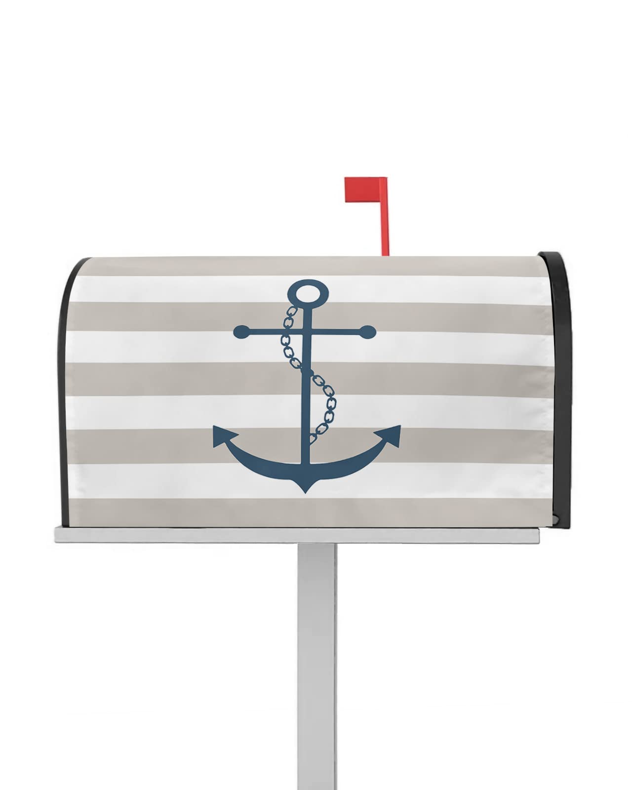 Mailbox Cover Magnetic Mailbox Wraps, Nautical Anchor Beige and White Striped Mailbox Covers Standard Size 18x21 Inch Mail Wrap Post Letter Box Decoration for Outdoor Gardern Yard