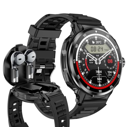 JUSUTEK 2025 業界新登場 スポーツスタイルスマートウォッチ+TWSイヤホン一体,1.46インチ大画面丸形腕時計,イヤホンと腕時計のデュアルBluetooth通話,女性機能,超低音強化イヤホン,万歩計,両耳イヤホン,DIY文字盤,NFC機能,電卓