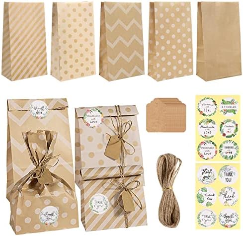 50 Sachets Cadeaux Anniversaire + 60 Autocollants 'Merci' - Papier Kraft, 19x13x3 Cm - Pour Bonbons, Fêtes, Mariages