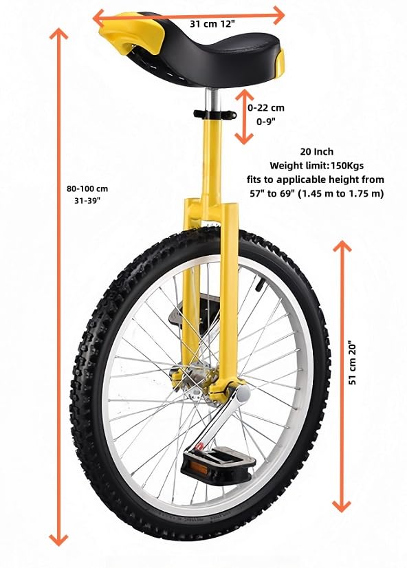20 Zoll Einrad Balance Heimtrainer Zirkusfahrrad Verstellbarer Sitz 150kg Tragkraft (Gelb)