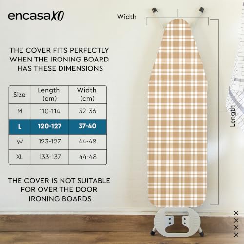 Image of Encasa XO Ironing Board Covers and Pad - 125x39 cm Fits Large Iron Boards, Thick 4mm Felt, Elasticated Fit, Heat & Scorch-Resistant, Elastic Bungee Cord Tightening & Lock Franca Beige Checks