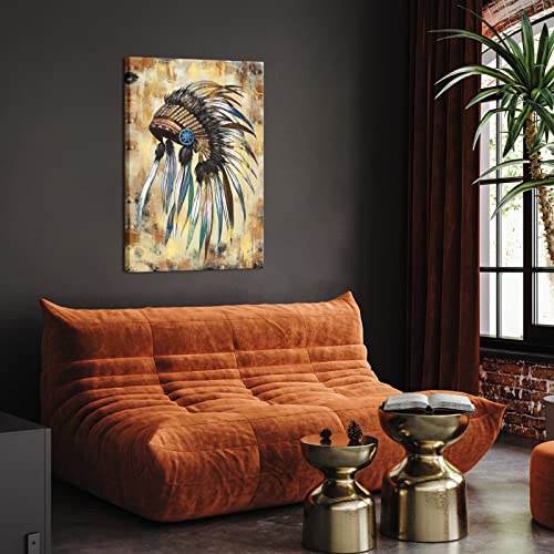 Rnnjoile Native American Wall Art Decor Indian Chief Feather Headdress Canvas Painting Picture Framed Tribal Theme Poster For Living Room Bedroom Large 24"X36" #TOP1