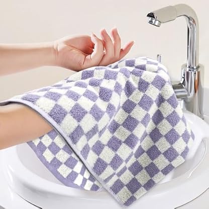Jacquotha Handtuch für Badezimmer Gästezimmer Zuhause - 100% Baumwolle Handtücher Set Flieder Kariert Druck Extra Weich Saugfähig 4-teiliges Gesichtshandtuch-Set für den täglichen Gebrauch – Bild 3