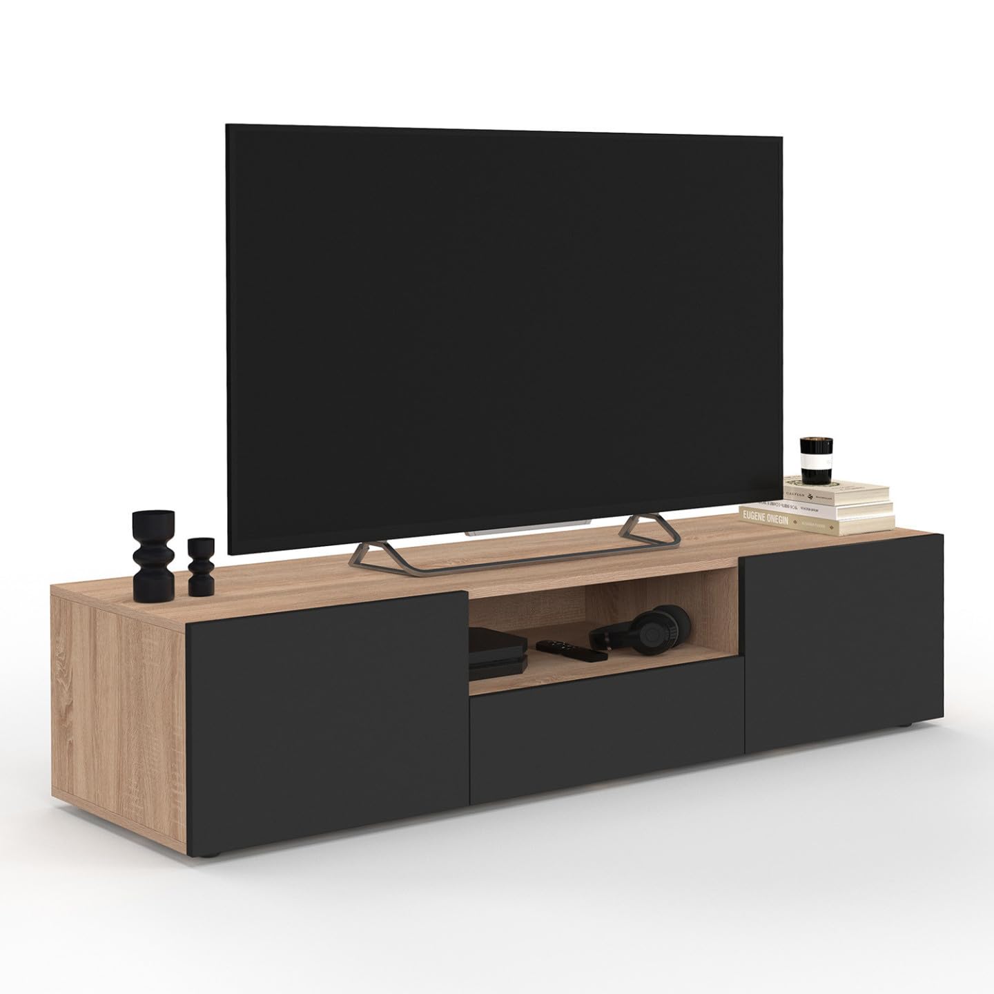 IDMarket - Meuble TV 140 cm ELI Bois façon hêtre Portes Noires