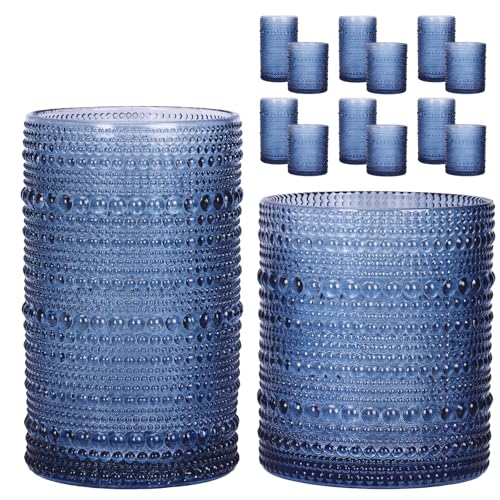 Consejos para Comprar Juegos de cristalería - los preferidos. 44 Moretoes Hobnail - Vasos para beber, 12 vasos de agua azul, juego de cristalería clásico mixta, 6 bolas altas de 12 onzas y 6 vasos antiguos de 10 onzas, ideales para cócteles,...