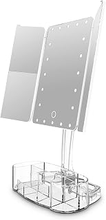 Tri-Fold Lighted Vanity Makeup Mirror, 1x/2x/3x/10x Magnification, Bluetooth Led Mirror, Led Bluetooth Make Up Mirror With Lights And Magnifier,Lighted Mirror With Makeup Organizer Tray,white