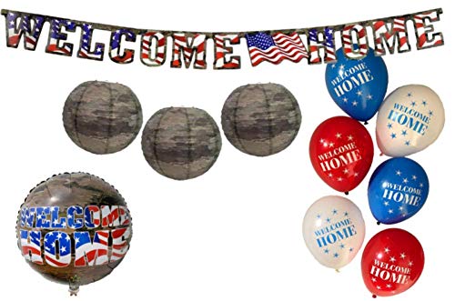 Welcome Home Military Party Decorations: Bundle Includes Welcome Home Mylar Balloon, Welcome Home Banner, Camo Paper Lanterns, and Welcome Home Latex Balloons in an American Heroes Design
