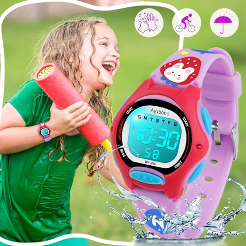 Kids Digital Watches for Girls Boys, 7 Color Lights Waterproof Cute Wristwatches for Kids with Alarm Stopwatch, Great Present for Girls Boys Ages 5-13 Cartoon Purple2