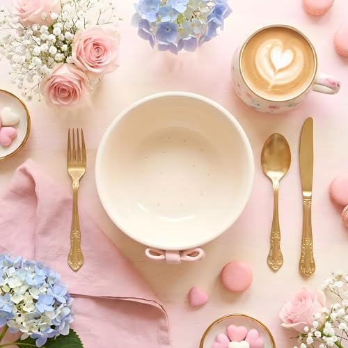 Image of Handmade Aesthetic Ceramic Bowl with 3D Pink Bow, 450ml Cute Breakfast Bowl for Cereal, Soup, Noodles, Desserts, Food-Safe Premium Ceramic Adorable Kawaii Bowl