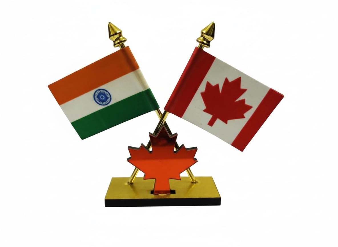 Unicorn enterprises Premium India & Canada Dual Table Flag Stand – Crossed Desktop Display with Unique Red Maple Leaf Base – Elegant Office & Diplomatic Decor (10cm Height) with materials with a glossy golden base and poles.-image-9